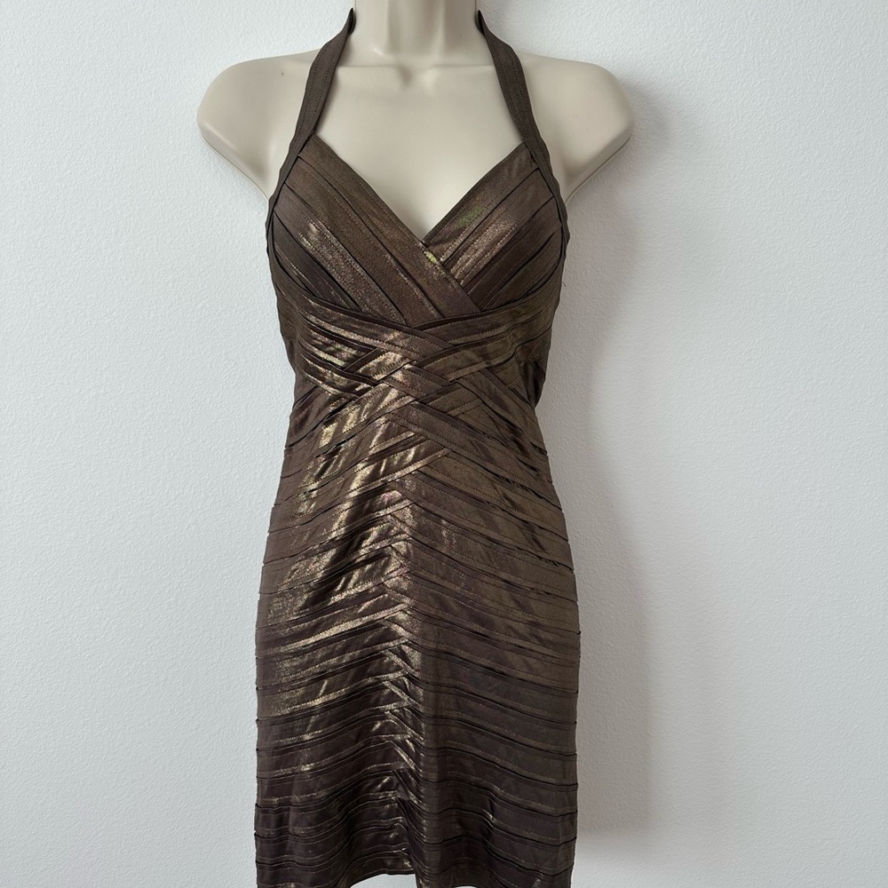 BCBGMaxAzria Metallic Bronze Backless Dress